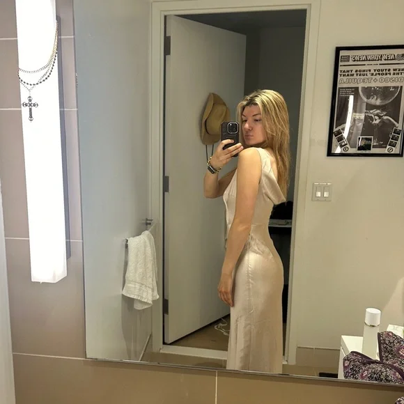 Cowl Back Satin Bridesmaid Dress - Oyster - Picture 2 of 5